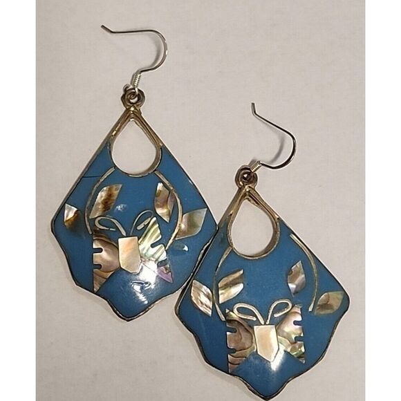 Vintage Jewelry - Vintage Alpaca Mexico Mother of Pearl Inlay Blue Enamel Butterfly Drop Earrings